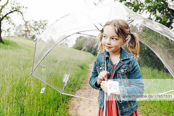 little girl with pigtails holding clear umbrella outdoors in spring