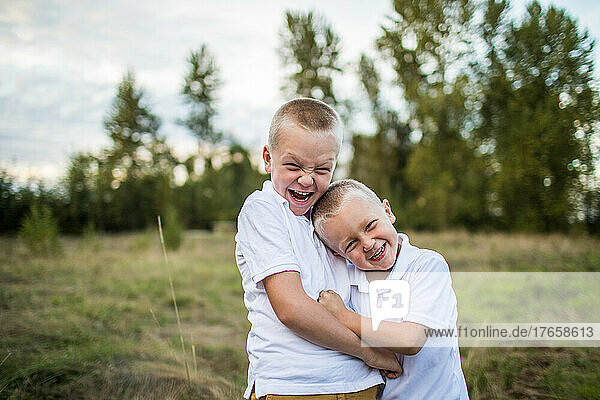 Brothers playfully wrestle outdoors in grassy field
