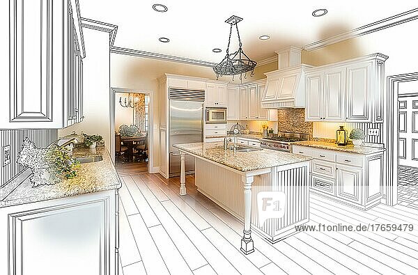 Schöne benutzerdefinierte Küche Zeichnung und Foto Kombination auf weiß