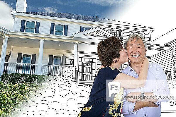 Chinesische ältere erwachsene Paar küssen vor dem Zoll Haus Zeichnung und Foto Übergang