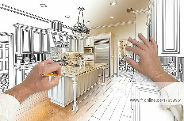 Männliche Hände skizzieren mit Bleistift Eine benutzerdefinierte Küche mit Foto zeigt durch