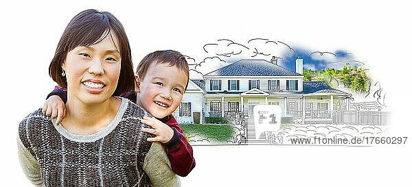 Chinese mother and mixed-race child in front of house drawing on white