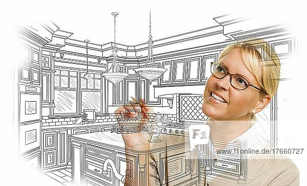 Kreative Frau mit Bleistift Zeichnung benutzerdefinierte Küche Design auf weiß