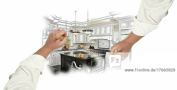 Zwei männliche Hände skizzieren mit Bleistift Eine benutzerdefinierte Küche mit Foto zeigt durch