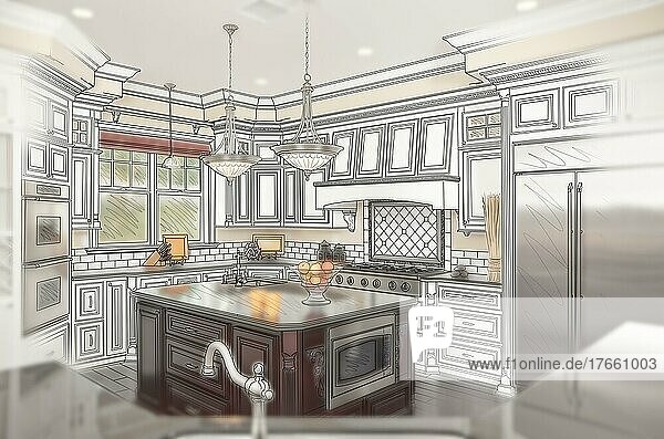Kombination von schönen benutzerdefinierten Küche Design Zeichnung mit geisterhaft Foto hinter