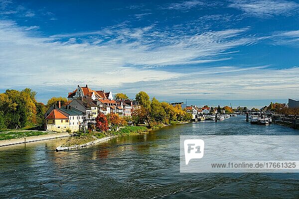 Old houses along Danube River in Regensburg  Bavaria  Germany  Europe