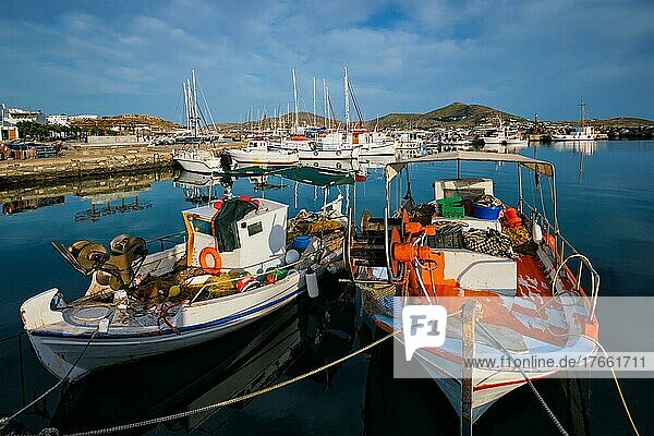 Fishing boats in port of Naousa on sunrise. Paros lsland  Greece