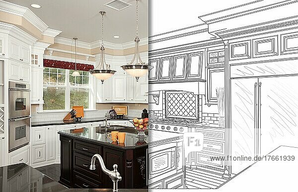 Split-Screen von Zeichnung und Foto der schönen neuen Küche