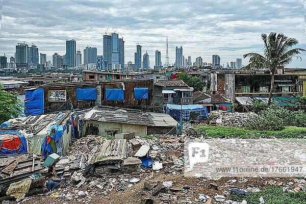 View of Mumbai skyline with skyscrapers over slums in Bandra suburb. Mumbai  Maharashtra  India