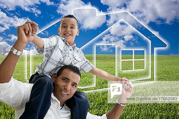 Happy hispanic father and son over grass field  clouds  sky and house icon