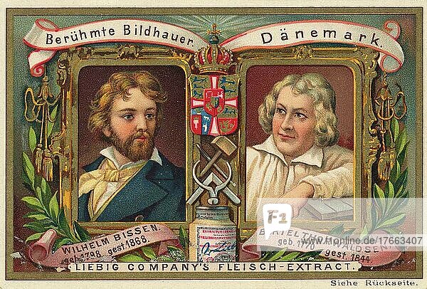 Serie Berühmte Bildhauer  Dänemark  Wilhelm Bissen und Bertel Thorwald senior  digital verbesserte Reproduktion eines Liebig Sammelbildes von ca 1900  Europa