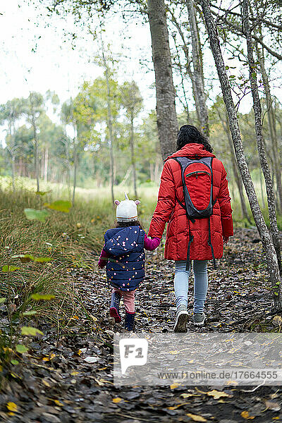Mutter und Tochter halten sich an den Händen und gehen im Wald spazieren