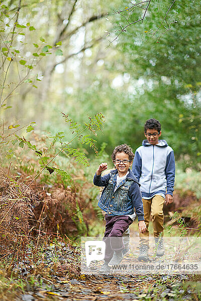 Happy brothers on trail in woods