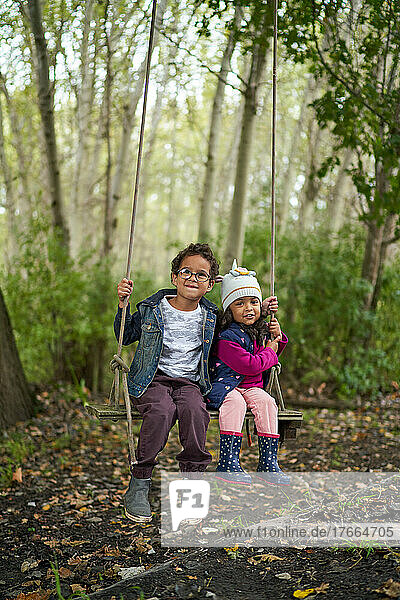 Portrait cute brother and sister on swing in woods