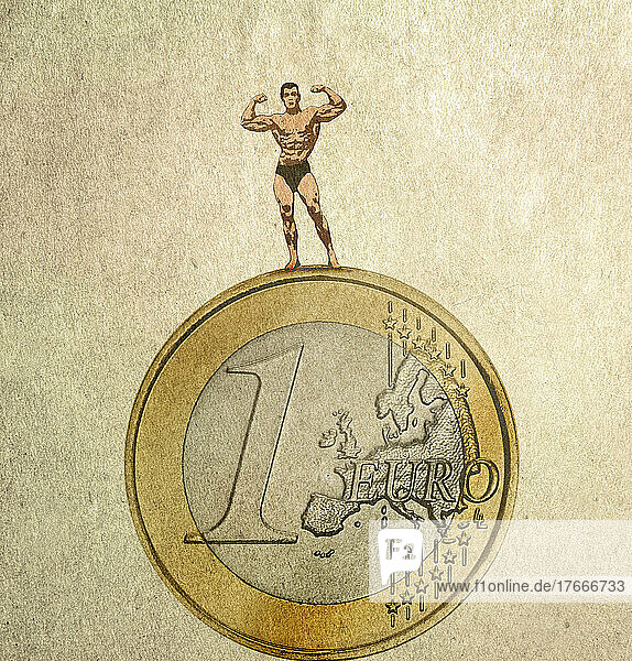 Bodybuilder posiert auf einer Euro-Münze