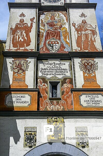 Frescoes on the Ravensburg Gate with coat of arms  Wangen im Allgäu  Baden-Württemberg  Germany  Europe