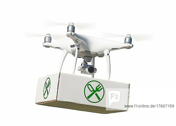 Unmanned aircraft system (UAV) quadcopter drone carrying package with food symbol label on white