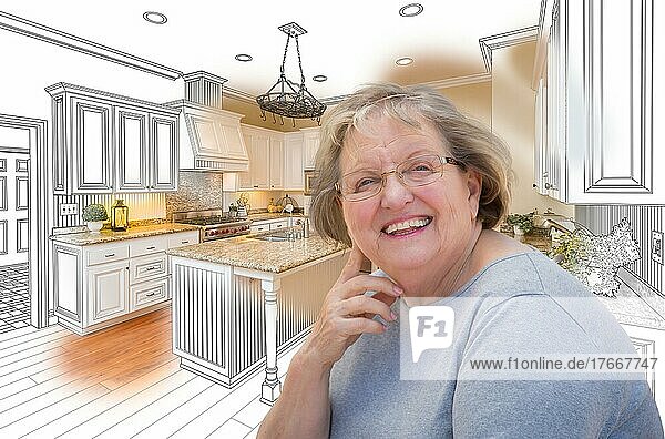 Happy senior woman over custom kitchen design drawing and photo