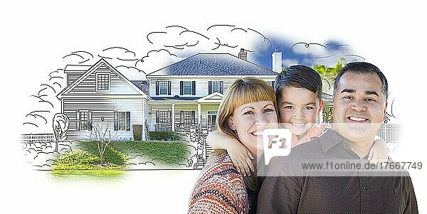 Young happy mixed-race family and ghosted house drawing on white