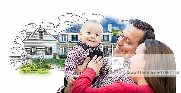 Happy young family with baby over house drawing before a white background