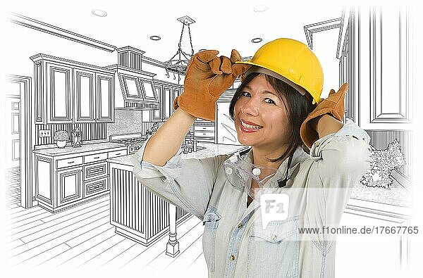 Pretty hispanic woman in hard hat and gloves with kitchen drawing behind