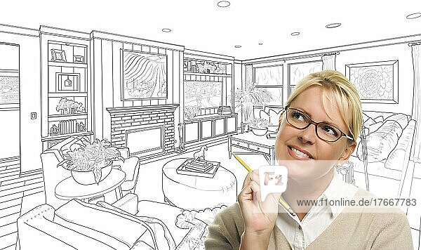 Woman with pencil over custom living room design drawing