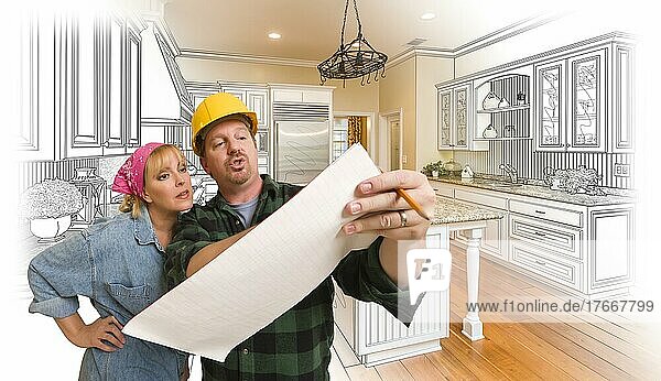 Male contractor in hard hat discussing plans with woman  kitchen drawing photo combination behind