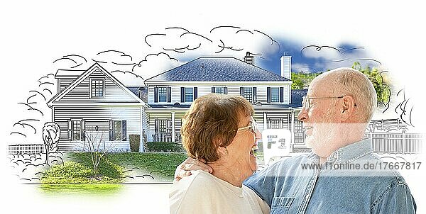 Happy senior couple over house drawing and photo combination on white