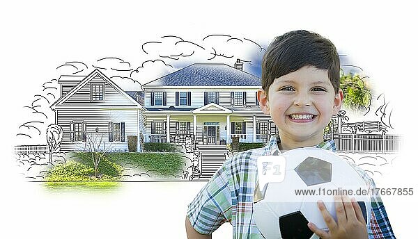 Cute lächelnden jungen Jungen hält Fußball vor Haus Skizze Foto Kombination