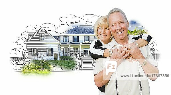 Glücklich umarmt Senior Paar über Haus Zeichnung und Foto Kombination auf weiß