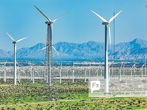 Dramatic wind turbine farm in the desert of California  USA  North America