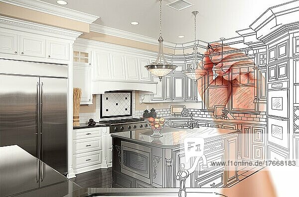 Handzeichnung benutzerdefinierte Küche Design mit Abstufung offenbaren Foto