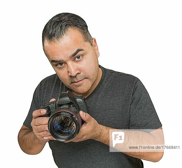 Handsome hispanic young male with DSLR camera isolated on a white background