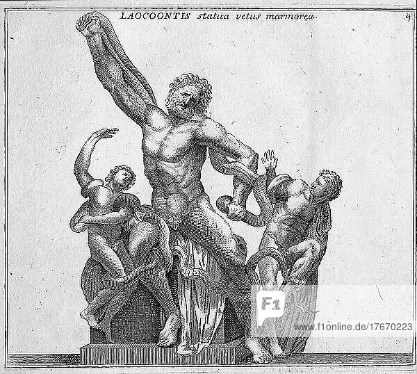 Laokoon-Gruppe in den Vatikanischen Museen ist die bedeutendste Darstellung des Todeskampfs Laokoons und seiner Söhne  historisches Rom  Italien  digitale Reproduktion einer Originalvorlage aus dem 18. Jahrhundert  Originaldatum nicht bekannt
