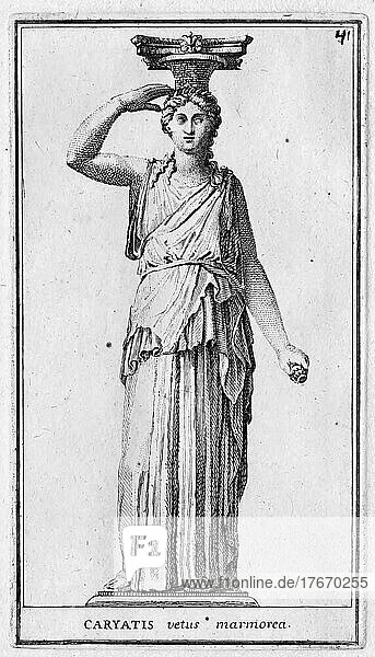 Statue einer Karyatide  eine Skulptur  die eine Frau darstellt. Sie wird in der Architektur anstelle einer Säule oder eines Pfeilers bei Portalen und der Fassadengliederung verwendet  aus der Villa Albani  historisches Rom  Italien  digitale Reproduktion einer Originalvorlage aus dem 18. Jahrhundert  Originaldatum nicht bekannt