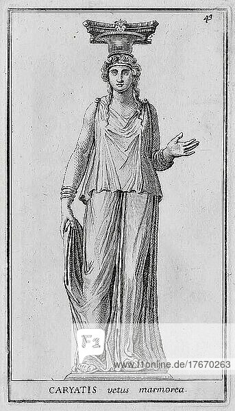 Statue einer Karyatide  eine Skulptur  die eine Frau darstellt. Sie wird in der Architektur anstelle einer Säule oder eines Pfeilers bei Portalen und der Fassadengliederung verwendet  aus der Villa Albani  historisches Rom  Italien  digitale Reproduktion einer Originalvorlage aus dem 18. Jahrhundert  Originaldatum nicht bekannt  Europa