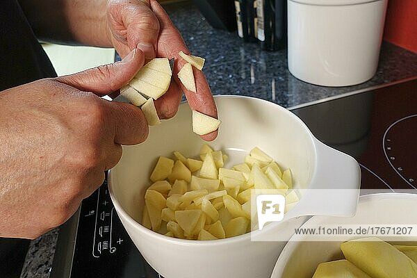 Swabian cuisine  cutting apples  preparing Rutesheim raw strudel  Rutesheim national dish  poor man's food  traditional dish from the oven  filled pasta dough with apples and sour cream  sweet main dish  sweet strudel  man's hands  kitchen knife  casserole dish  food photography  studio  Germany  Europe