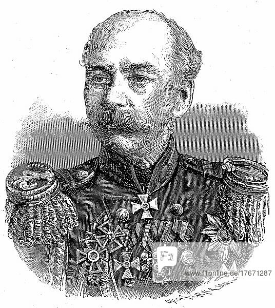Konstantin Petrowitsch von Kaufmann  3. März 1818  16. Mai 1882  General der russischen Armee  Historisch  digitale Reproduktion einer Originalvorlage aus dem 19. Jahrhundert