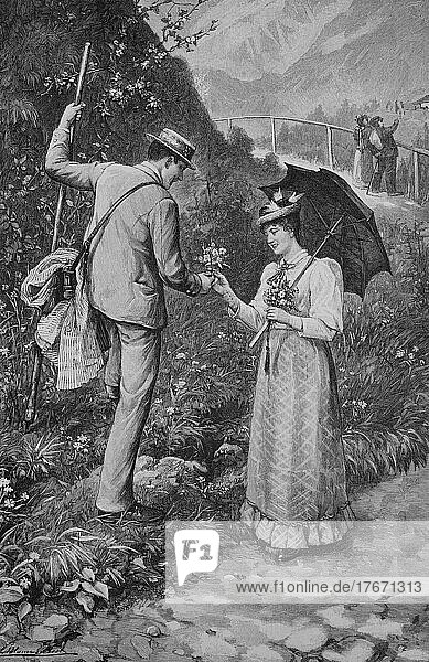 Auf der Pfingstreise  Paar beim Spaziergang  er hat Blumen für sie gepflückt  Historisch  digitale Reproduktion einer Originalvorlage aus dem 19. Jahrhundert