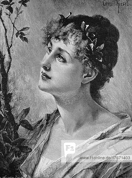 Porträt einer jungen eleganten Frau mit einem Blätterkranz im Haar  Historisch  digitale Reproduktion einer Originalvorlage aus dem 19. Jahrhundert