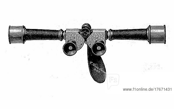 Relieffernrohr oder Scherenfernrohr in gestreckter Stellung  Art eines Telestereoskops  eines binokularen Fernrohr  Historisch  digitale Reproduktion einer Originalvorlage aus dem 19. Jahrhundert