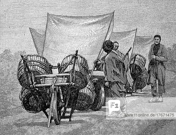 Segelschubkarren in China zum Transport von Gütern im Jahre 1876  Historisch  digitale Reproduktion einer Originalvorlage aus dem 19. Jahrhundert