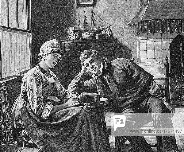 Junges Paar im Wohnzimmer  er versucht mit ihr zu flirten  Deutschland  Historisch  digitale Reproduktion einer Originalvorlage aus dem 19. Jahrhundert  Europa