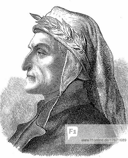 Dante Alighieri  Juni 1265  14. September 1321  war ein italienischer Dichter und Philosoph  Historisch  digitale Reproduktion einer Originalvorlage aus dem 19. Jahrhundert