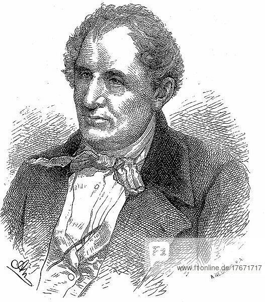James Fenimore Cooper  15. September 1789  14. September (1851)  war ein amerikanischer Schriftsteller der Romantik  Historisch  digitale Reproduktion einer Originalvorlage aus dem 19. Jahrhundert