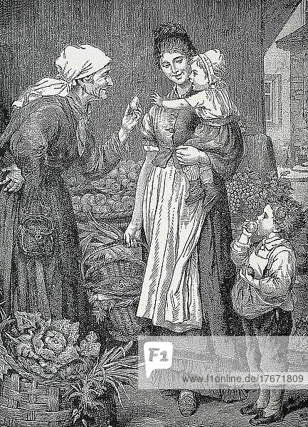 Großmutter lehrt das Kind bei Wünschen erst Bitte zu sagen  Historisch  digitale Reproduktion einer Originalvorlage aus dem 19. Jahrhundert