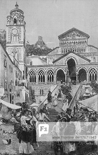 Marktszene in Amalfi  Italien  vor der Kathedrale  Historisch  digitale Reproduktion einer Originalvorlage aus dem 19. Jahrhundert  Europa