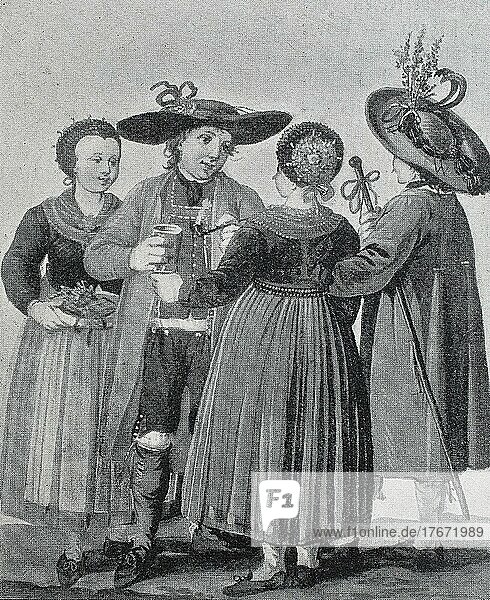Menschengruppe in Tracht bei einer Hochzeit in der Steiermark  1888  Österreich  Historisch  digitale Reproduktion einer Originalvorlage aus dem 19. Jahrhundert  Europa