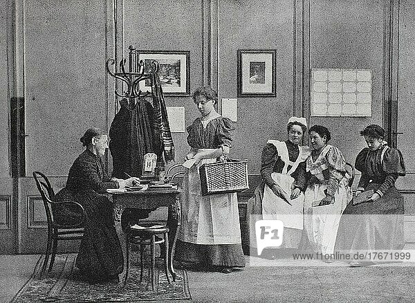 Bei der Zubringerin  Maklerin für Dienstmägde  1899  Deutschland  Historisch  digitale Reproduktion einer Originalvorlage aus dem 19. Jahrhundert  Europa