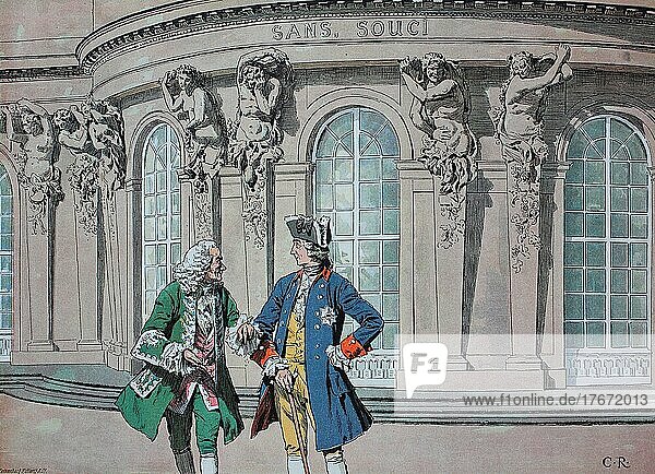 Friedrich der Große  Friedrich II. 1712-1786 und Voltaire in Sanssouci  Potsdam  Deutschland  Historisch  digitale Reproduktion einer Originalvorlage aus dem 19. Jahrhundert